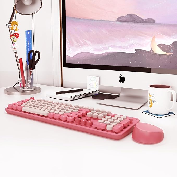 Wireless Keyboard,KOOTOP Cute Colorful 104 Keys Typewriter Retro Round Keycaps Keyboard for PC Laptop,Desktop,Windows, Home and Office Keyboards(Pink)