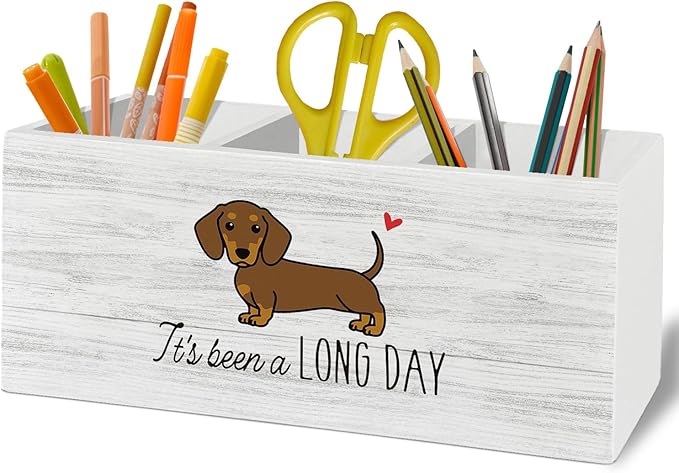 Funny Dachshund Pen Pencil Holder Organizer for Desk Accessories, Weiner Dog Gifts Wooden Box Sign Desk Decor for Home Office Decoration, Gifts for Dachshund Lovers Women Men
