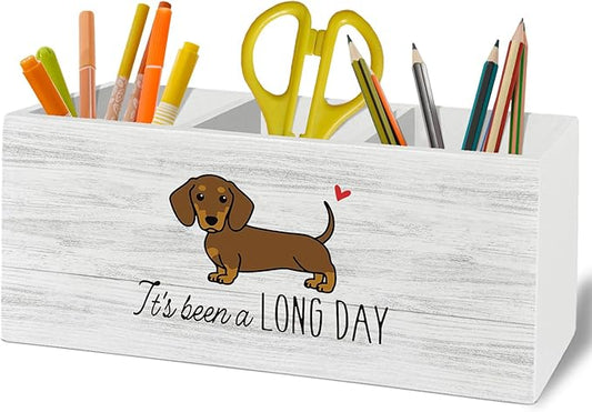 Funny Dachshund Pen Pencil Holder Organizer for Desk Accessories, Weiner Dog Gifts Wooden Box Sign Desk Decor for Home Office Decoration, Gifts for Dachshund Lovers Women Men