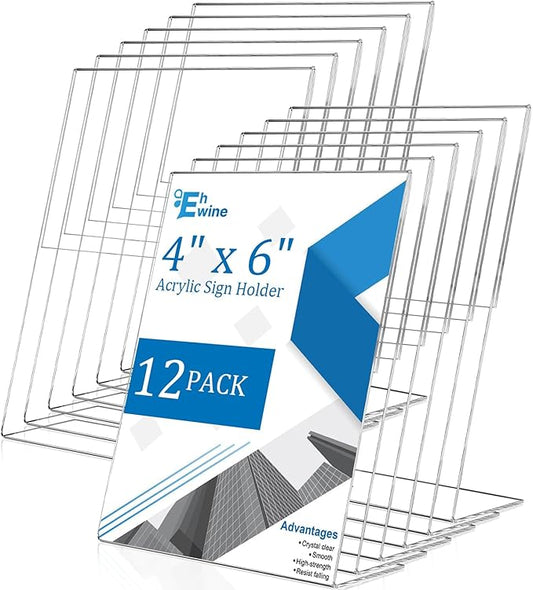EHWINE 12 Pack 4 x 6 Acrylic Sign Holder, Clear Plastic Signs Display Stand, Vertical Slanted Back Paper Holder Stand up Table Top Sign Holders Flyer Stand Frames Suitable for Office Business Store