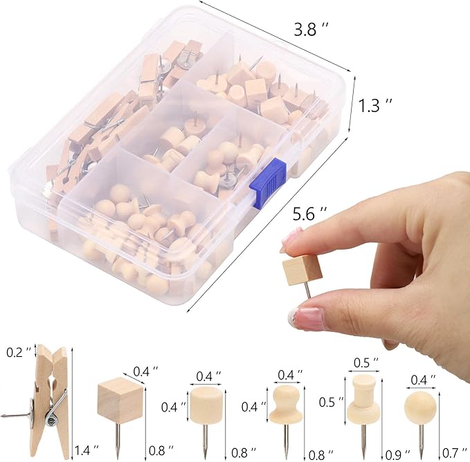 102 Pcs Wood Push Pins 6 Sizes Thumb Tacks for Wall Hangings Corkboard Office or Home