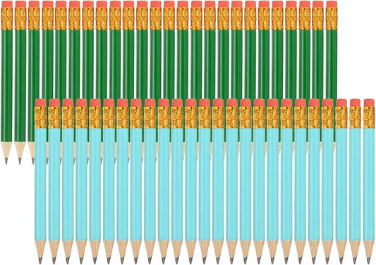 MECCANIXITY Golf Pencils with Erasers, 4" HB Mini Half Pencils Pre Sharpened Small Pens for Wedding Bridal Shower Game Office Writing Drawing(Blue/Green, Pack of 50)