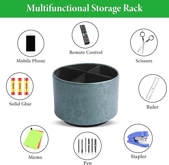 lizimandu Round Leather Art Supply Organizer,Remote Control Holder,360 Degree Spinning,Multi-Functional Pencil Holder,4 Compartments Desktop Stationary Organizer(1-Liuli Green)