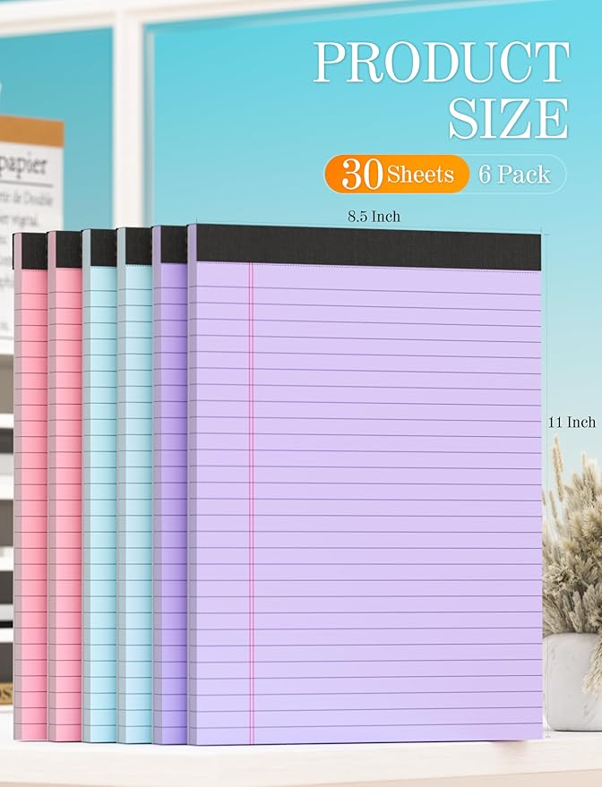 Colored Legal Pads 8.5 x 11, 6 Pack Writing Pads 8.5 x 11, Note Pads 8.5 x 11 College Ruled, Easy Tear-Off Colored Note Pads, 30 Sheets/Pack, Lined Paper Pads 8-1/2 x 11 for Office Supplies