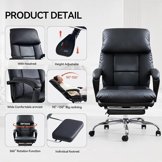 EMIAH Real Leather Office Chair with Foot Rest, Reclining Ergonomic Executive Office Chair with Arms, High Back Comfy Swivel Computer Desk Chairs with Wheels and Lumbar Support for Home Office, Black