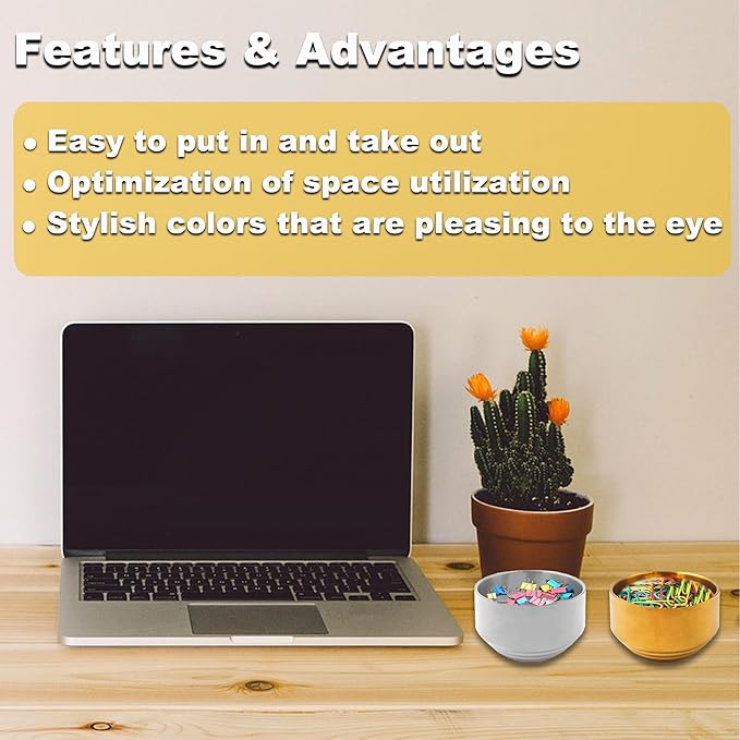 Paper Clip Holder & Organizer - 2-Pack Metal Desk Bowls for Office Accessories, Holds Binder Clips, Paper Clips & Small Parts | Space-Saving Desktop Organizer (Gold + Silver)