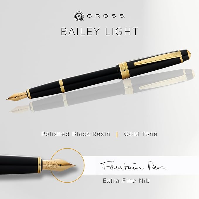 Cross Bailey Light Refillable Fountain Presented in a Everyday Gift Box - Medium Point, Black Ink, Polished Black