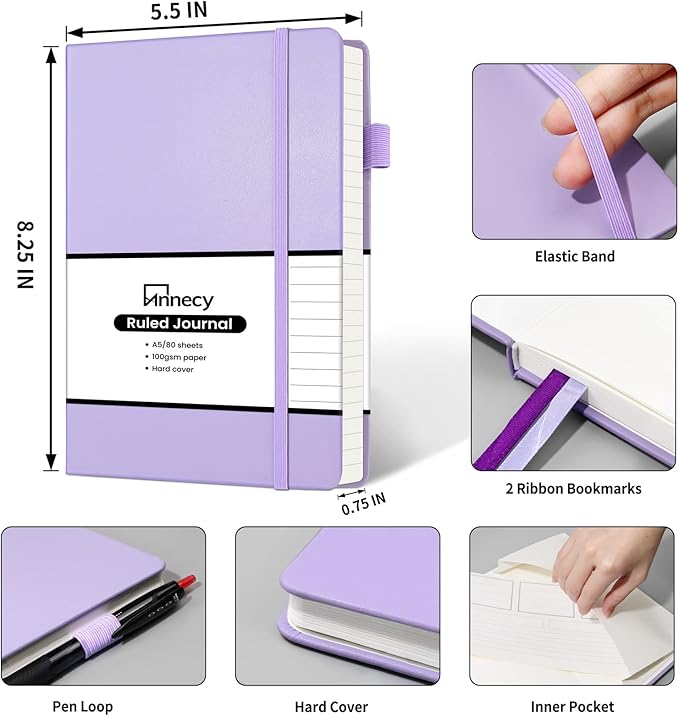 Annecy Lined Journal Notebook, Hardcover Leather Journal for Women & Men, 160 Numbered Pages, Medium 5.5" x 8.25", 100 GSM Thick Paper, Purple