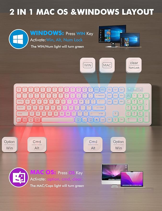 Wireless Keyboard and Mouse Combo - RGB Backlit, Rechargeable & Light Up Letters, Full-Size, Ergonomic Tilt Angle, Sleep Mode, 2.4GHz Quiet Keyboard Mouse for Mac, Windows, Laptop, PC, Trueque, Pink