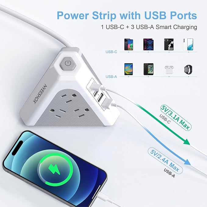Tower Surge Protector Power Strip, NVEESHOX 9 AC Outlets with 4 USB Ports (1 USB C) 3-Side Triangle Outlets with USB Ports,6.5 Ft,Flat Plug, Charging Station with Surge Protection