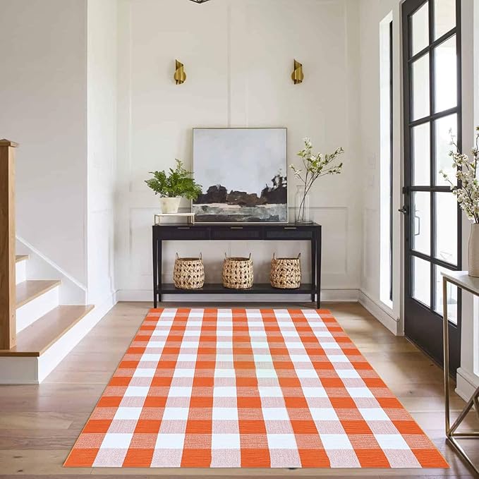 Buffalo Plaid Outdoor Rugs, 4' x 6' Orange and White Checkered Indoor/Outdoor Area Rug, Layering Rug for Hello/Welcome Door Mat, Washable Cotton Woven Farmhouse Mat for Fall Front Porch Décor