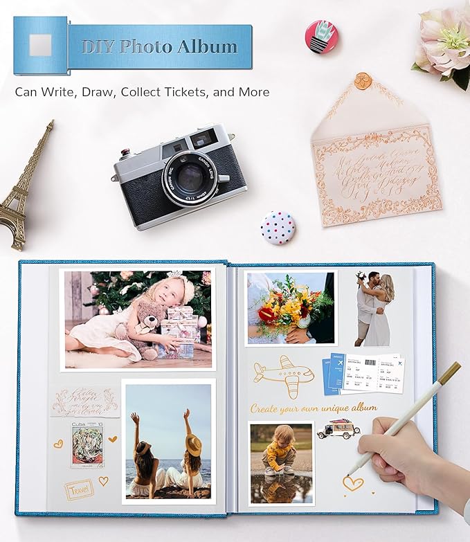 Photo Album Self Adhesive Scrapbook Album for 3x5 4x6 5x7 8x10 Pictures,40 Pages Linen Cover with Display Window DIY Photo Book,Ideal Gifts for Family Travel Wedding Baby