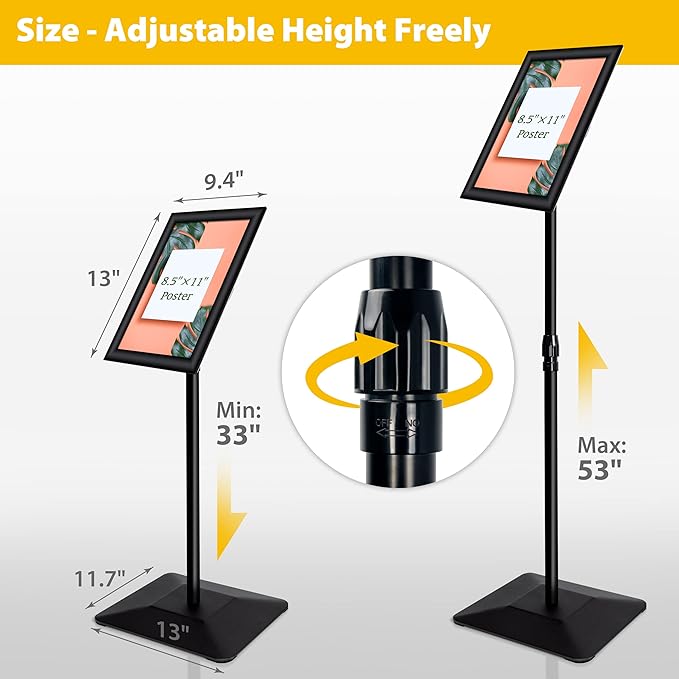 8.5"x11" Pedestal Poster Holder Stand with Heavy Duty Solid Steel Base, Adjustable Floor Standing Sign Holder for Vertical and Horizontal View, Super Stable Display, Black