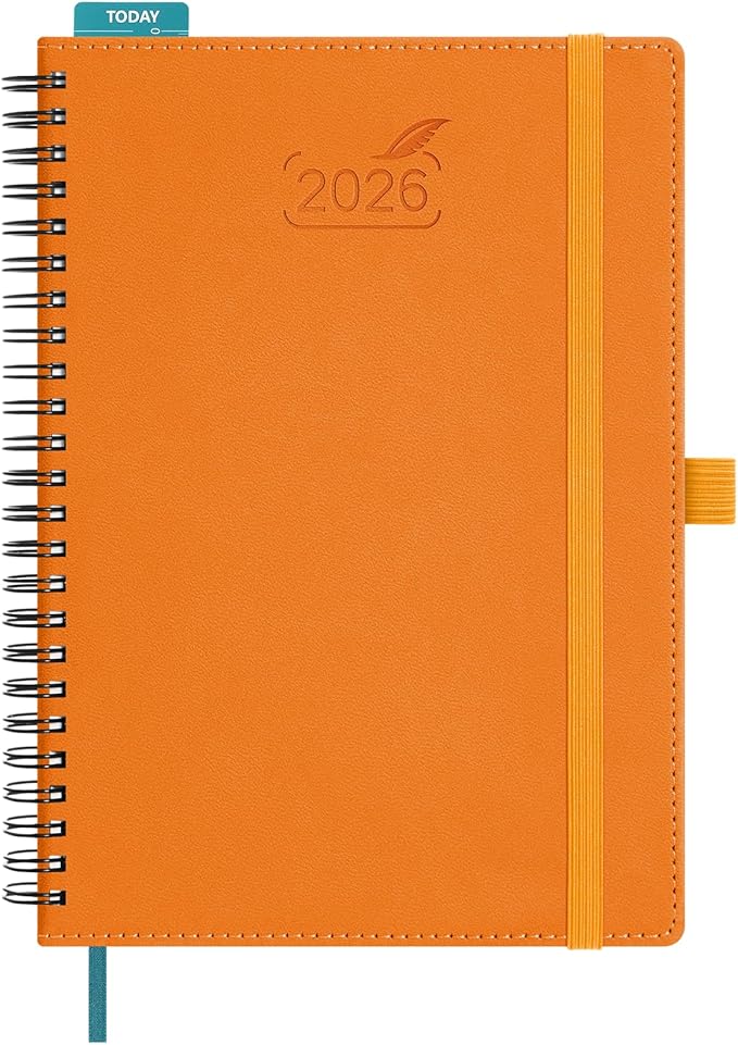 BEZEND 2026 Planner Weekly and Monthly (6" x 8.5" Spiral) Daily Calendar with Half-Hourly Timeslots & Tabs (Jan-Dec) Note & Expenses, Pen Holder, Inner Pocket, Vegan Leather Softcover - Orange