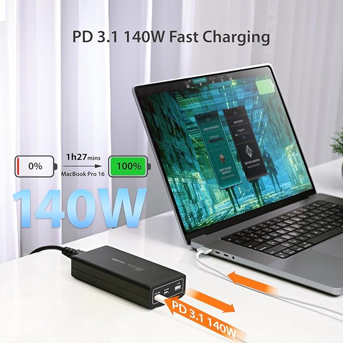j5create 185W GaN USB-C/A 3-Port Laptop Super Charger w/Power Delivery 3.1, Supports MacBook Pro MagSafe 140W Charging-Simultaneously Power and Charge Laptops/Tablets/Phones/Game Consoles (JUP37185)
