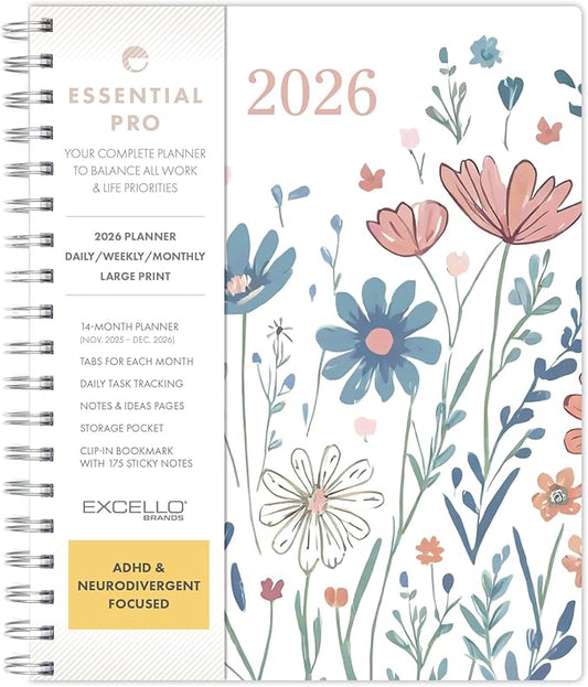 Essential PRO 2026 Daily, Weekly & Monthly Planner, 7"x9": 14 Months (Nov 2025 - Dec 2026) Monthly Tabs,Daily Tracking,Notes Pages,Storage Pocket,Bookmark w Sticky Notes (Colorful Botanicals)