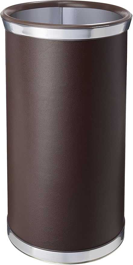 Kraftware Leatherette Wastebasket, 14", Brown with Brushed Chrome