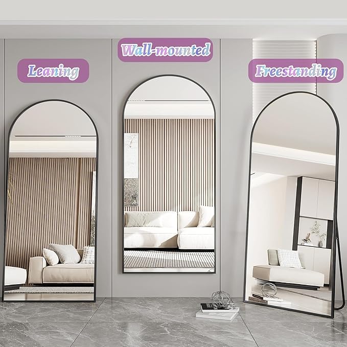 Full Length Mirror, 72"x44" Oversized Floor Mirror Freestanding, Full Body Mirror Floor Standing Mirrors with Stand, Hanging Mounted Mirrors for Bedroom Living Room, Black, Arched Style
