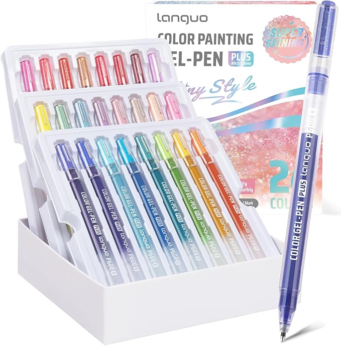 Glitter Gel Pens, 24 Pack Colored Pens for Black Paper & White Paper, 1.0mm Point Pens, Large Capacity Ink Pens for Coloring, Writing, Drawing, Journaling, Note Taking, School, Office, Home