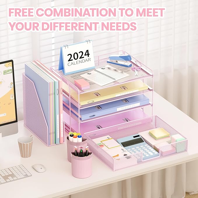 OPNICE Desk Organizer and Accessories, 4-Tier Desktop File Organizer with Drawer and 2 Pen Holders, Office Desk Accessories, File Sorters, Workspace Organizers for Office Supplies(Pink)