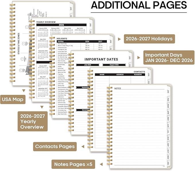 2026 Planner, Weekly and Monthly Calendar Planner Book, January 2026 - December 2026, Hardcover Spiral Planner with Monthly Tabs, Notes Pages, Perfect for Women & Men, A5 (6.4" x 8.5") - Beige