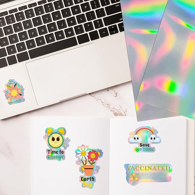 Printable Holographic Silver Sticker Paper, Laser & Inkjet Printable 8.5 x 11 Inches Dries Quickly Stickers Rainbow Vinyl Label 22 pcs