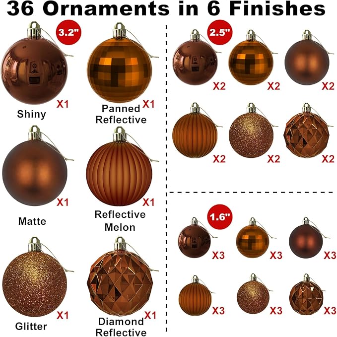 Bronze Christmas Ornaments - Christmas Tree Decorations Shatterproof Hanging Balls for Birthday Wedding Holiday Decor Set of 36pcs, Multi-Sizes(1.6",2.5",3.2")