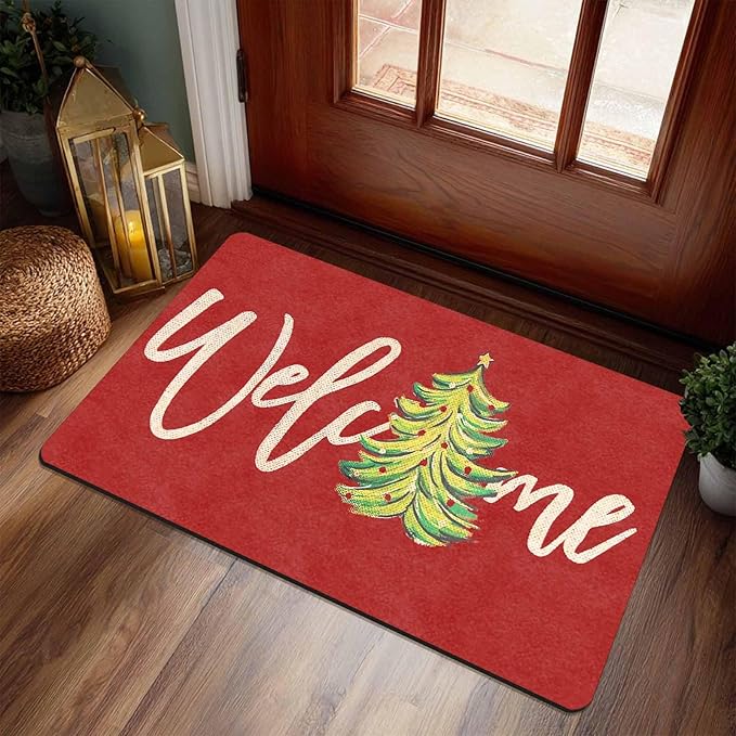 Christmas Welcome Tree Door Mat Merry Christmas Doormat Indoor Outdoor Entrance Floor Rug Non Slip Winter Decor Rubber Welcome Mats, 16" x 24" Inch