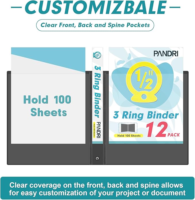 3 Ring Binder 0.5 Inch, PANDRI 12 Pack 0.5-Inch Binder Fits Letter Size 8.5'' x 11'' Paper, Versatile Binders for Office Home School, 2 Pockets, Black