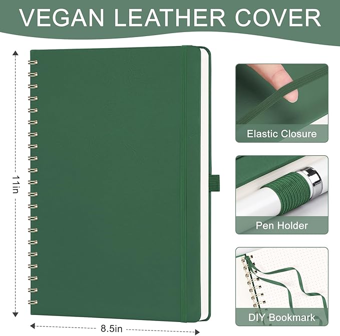 AHGXG Bullet Dotted Journal Spiral Notebook 8.5" x 11", Large A4 Leather Hardcover Dotted Notebook, 100 GSM Thick Dot Grid Paper, Inner Pocket, for Bullet Journaling, Green