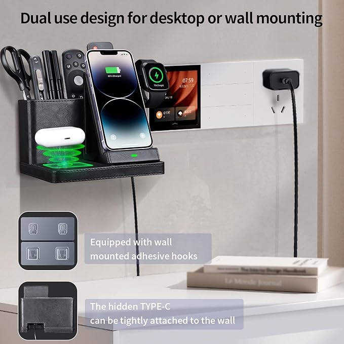 Desk Organizer with Phone Charger,Nightstand Desktop Organizer,Office Supplies Desk Accessories,Pen Holder Remote Control Holder,Black Leather Organizer With Charging Station (black)