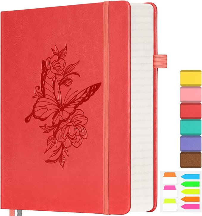 Lined Notebook Journal for Women, 312 Numbered Pages Large A4 Thick Leather Journals for Writing, Daily Notebooks for Work Travel, Hardcover College Ruled Notebook, Butterfly Aesthetic Notebook, Red