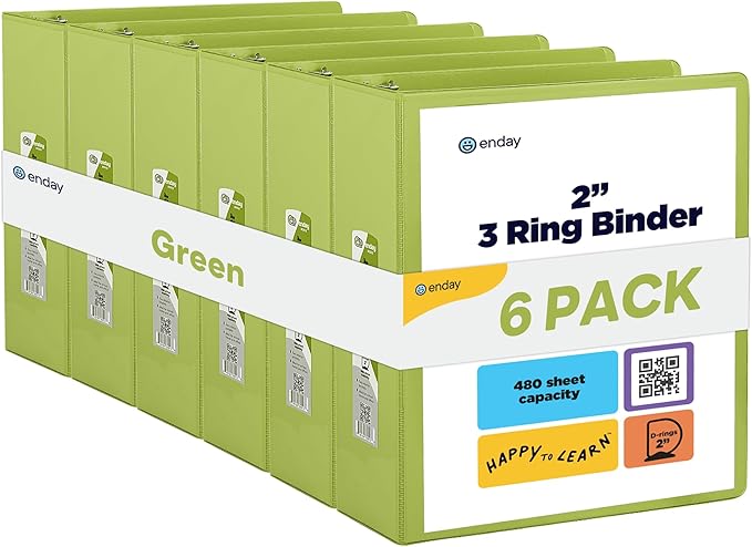 3 Slant D-Ring Binder 2 Inch Binder Green, 2 in Clear View Cover w/ 2 Inside Pockets, Heavy Duty Colored School Supplies Binders Also Available in Blue, Pink, Red, Grey, Purple (6 PC)–by Enday