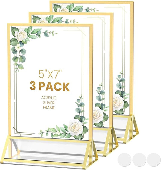 Gold Frames 5X7 Acrylic Sign Holder Double-Sided Tabletop Picture Frames for Menu Holder Wedding Table Number Holder Christmas Photo Frames with Removable Sticky Dots-3 Pack