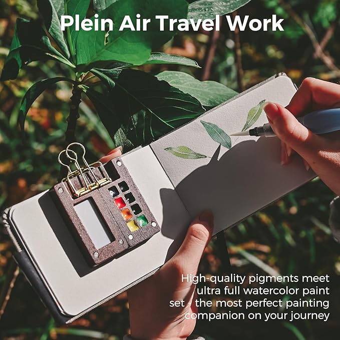 Funto Mini Watercolor Paint Set, All-In-One Walnut Wood 8-Color Premium Pocket Travel Paint Kit, with Crossbody Bag, Watercolor Journal, Metal Clip, Paint Water Cup, Water Brush, Ideal for Art Lovers