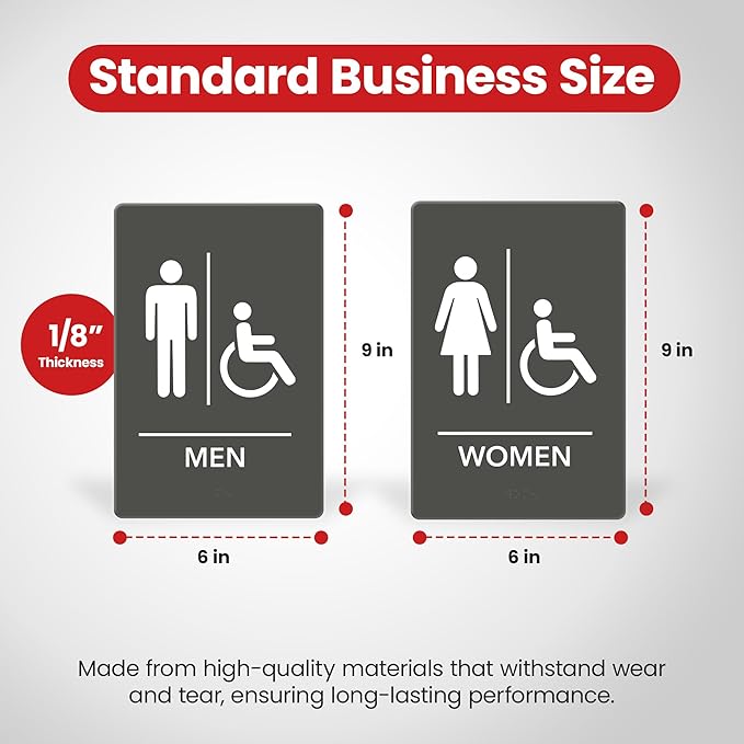 Promot Men and Women Handicap Restroom Sign – ADA Braille Bathroom Sign for Business, Self-Adhesive, 9" x 6", Commercial Door Signage, Office Wall Decor - Grey