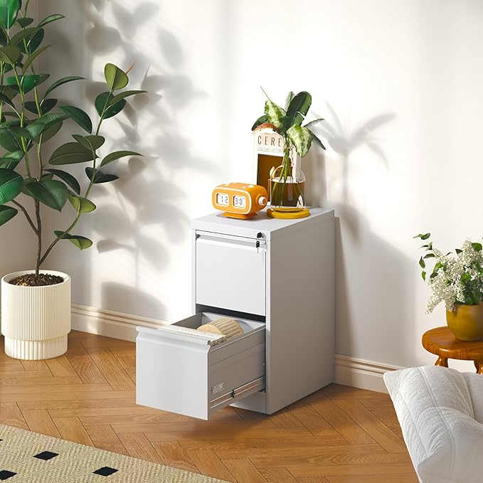 2 Drawer File Cabinet with Lock, Metal Vertical Filing Cabinet for Home Office, Narrow Locking Steel File Cabinets with Drawers, Storage for Legal/Letter/A4/F4, Easy Assemble (White)