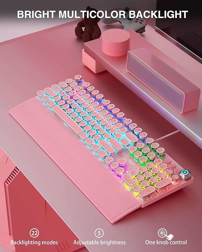 AULA F2088 Typewriter Style Mechanical Gaming Keyboard,Rainbow LED Backlit,Removable Wrist Rest,Media Control Knob,Retro Punk Round Keycaps,USB Wired Computer Keyboard,Pink