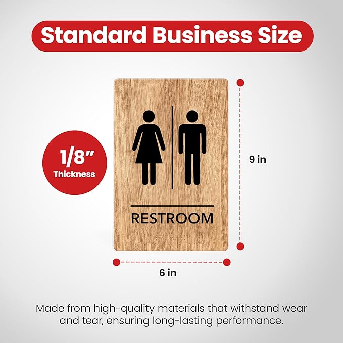 Promot Unisex Bathroom Sign – ADA Braille Restroom Sign for Business, Self-Adhesive, 9" x 6", Commercial Door Signage, Office Wall Decor - Oak