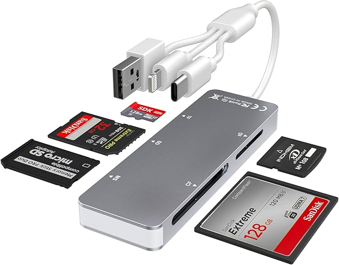Aluminum 5-in-1 Memory Stick Pro Duo Adapter for iPhone/PC/Android, Lightning USB C USB A Multi Card Reader for SD/TF/CF/MS/XD Cards, High-Speed Data Transfer for Camera/GoPro/Drone