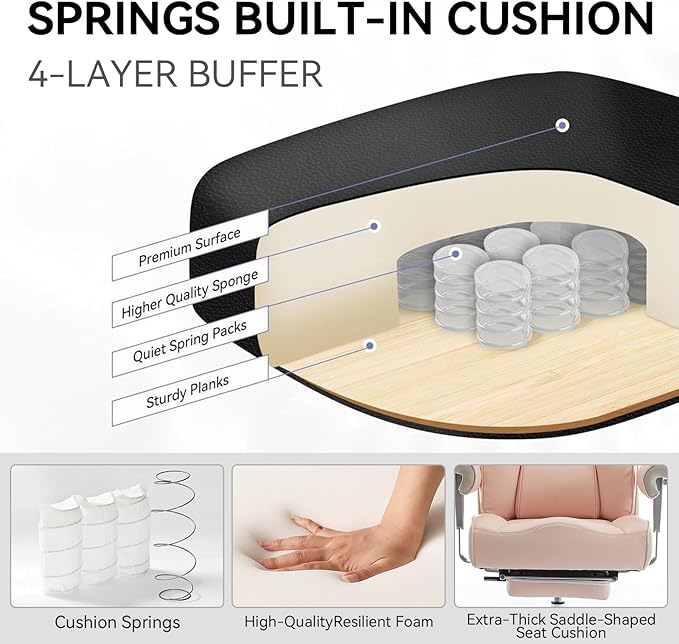 Efomao Big and Tall Ergonomic Office Chair 450LBS with Foot Rest, High Back PU Leather Executive Chair with Adjustable Padded Armrests, Lumbar Support for Home or Work, Heavy Duty Computer Chair, Pink