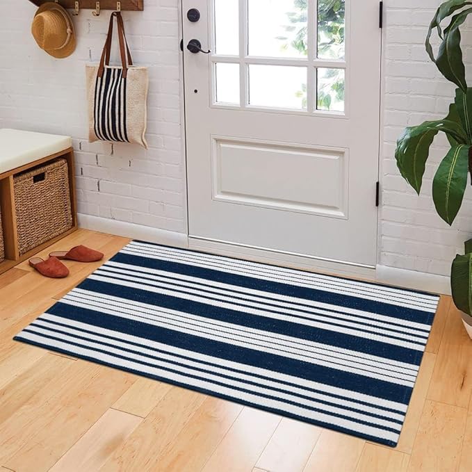 OJIA Entryway Rug 24''x51'', Machine Washable Christmas Front Door Mat Cotton Woven Blue and White Outdoor Rugs Porch Rug Striped Kitchen Runner Indoor Door Mat for Farmhouse/Entry/Home Entrance