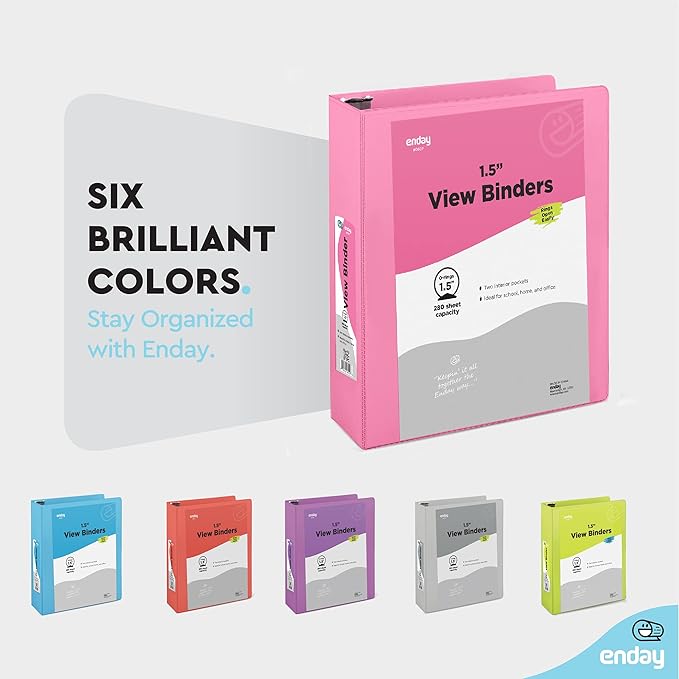 3 Ring Binder 1.5 Inch Pink, 1 ½ inch Binder Clear View Cover with 2 Inside Pockets, Colored School Supplies Office and Home – by Enday