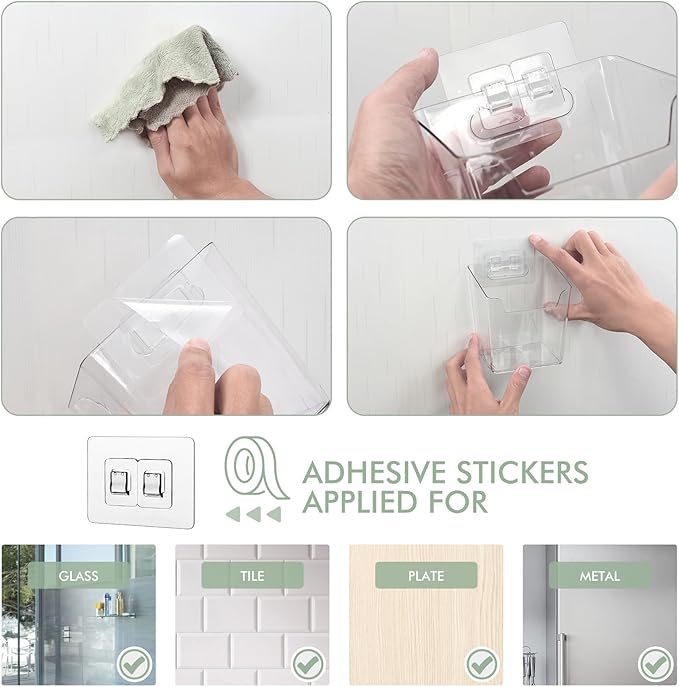 Clear Adhesive Wall Storage Bins, Small 4 Pack Cabinet Door Organizer Holders, Hanging Wall Mount Pockets, Plastic Cups for Shower Bathroom Makeup Office Craft Remote Kitchen Sink RV Organization