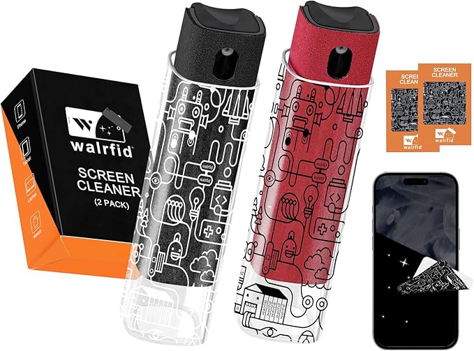 walrfid 2 Pack Car Screen Cleaner, Computer Screen Cleaner Spray and Wipe, Laptop Cleaning Mist Kit for Electronic iPad, iPhone, Phone, MacBook, TV, Car Monitor Display, with Graffiti Case, Black Red