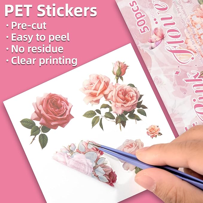 Pink Flower Theme Sticker Scrapbooking Supplies for Junk Journal 50 Sheets, Include 25 PET Stickers and 25 Paper of Scene Material Paper - Vintage Journaling Stickers (TZ-006-005)