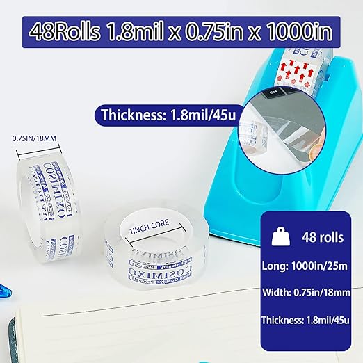 COSIMIXO 48Rolls Crystal Clear Tape Refills for Dispenser, 3/4Inch x 1000 inch,Bulk Transparent Tape,Office Stationery Tape for Home and School