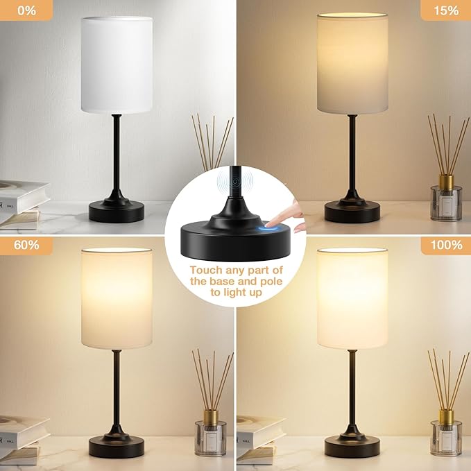 Fenmzee Touch Nightstand Bedroom Lamp - 3 Way Dimmable Bedside Lamp, Small Table Lamp Linen Lampshade for Office Desk, LED Bulb Included