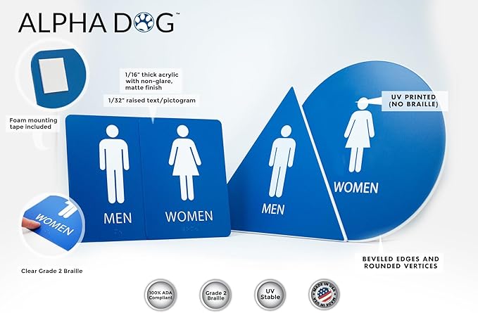 ALPHA DOG ADA SIGNS Men's Women's Restroom Sign Bundle 6x9 inch ADA Compliant Business Wall Mount Indoor Outdoor Easy Install USA Made (Blue)