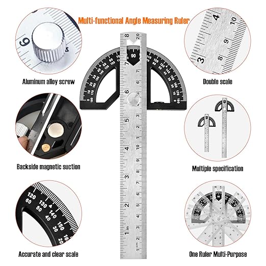 Protractor Angle Finder Stainless Steel Angle Ruler with 0-180 Degrees Adjustable Angle Square 8-Inch Woodworking Ruler for Woodworking/Carpenter/Construction/Measurement/Hobbyists